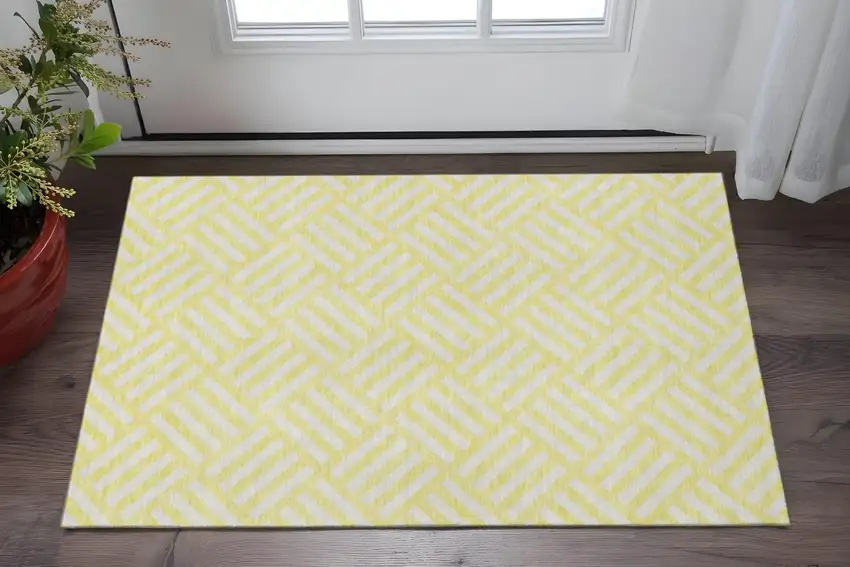 Yellow And Ivory Geometric Washable Area Rug With UV Protection Photo 2