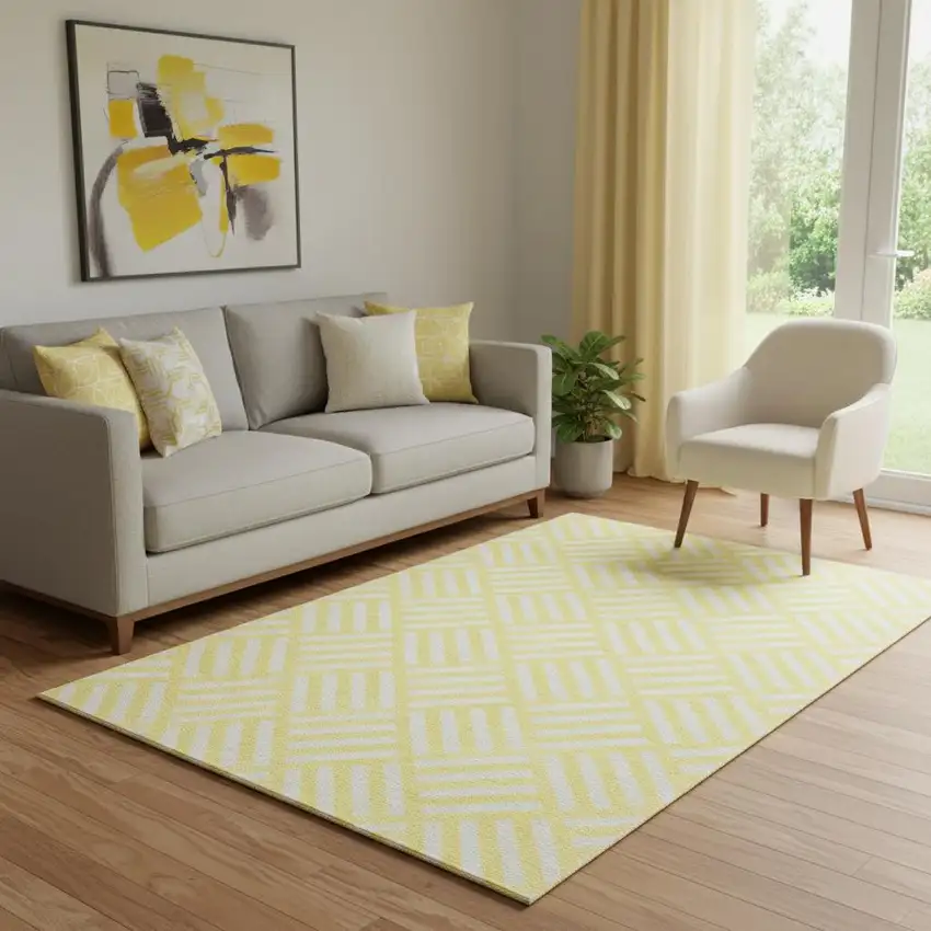 Yellow And Ivory Geometric Washable Area Rug With UV Protection Photo 1
