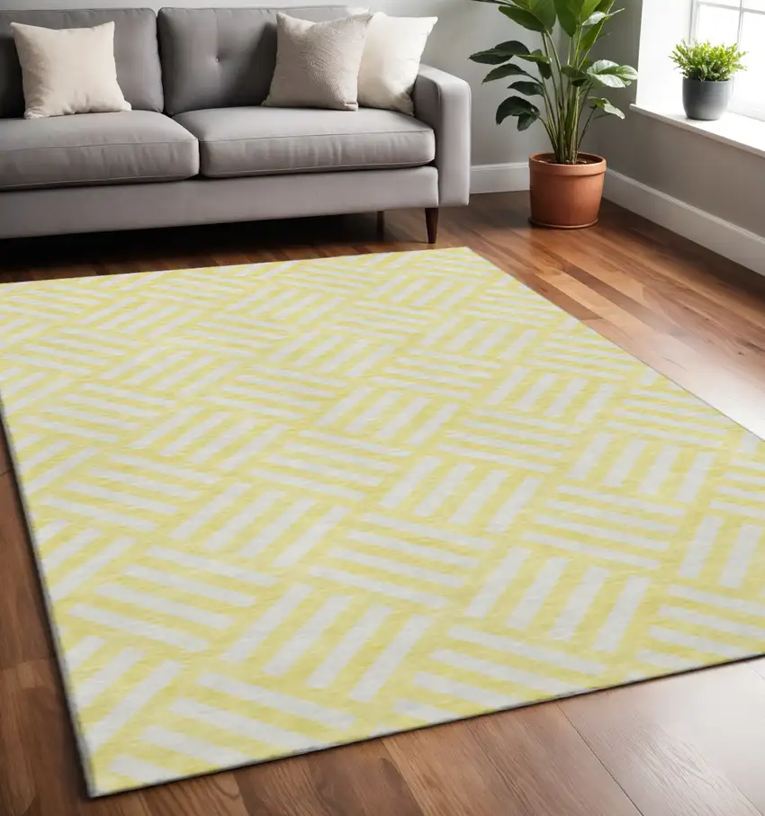 Yellow And Ivory Geometric Washable Area Rug With UV Protection Photo 2