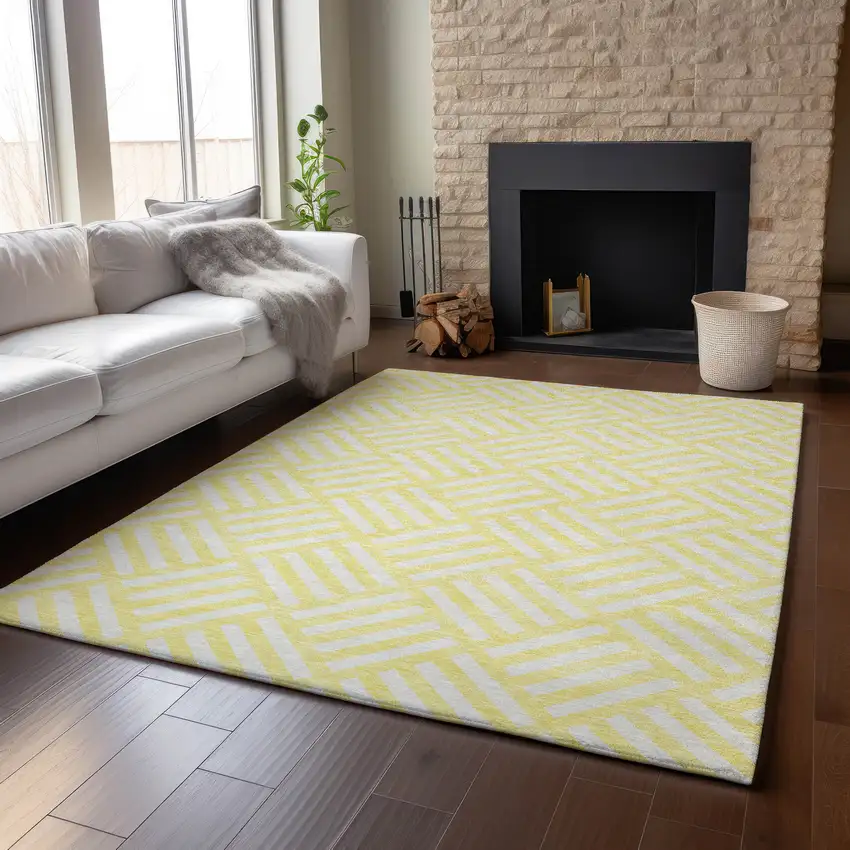 Yellow And Ivory Geometric Washable Area Rug With UV Protection Photo 6