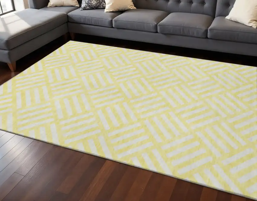 Yellow And Ivory Geometric Washable Area Rug With UV Protection Photo 2