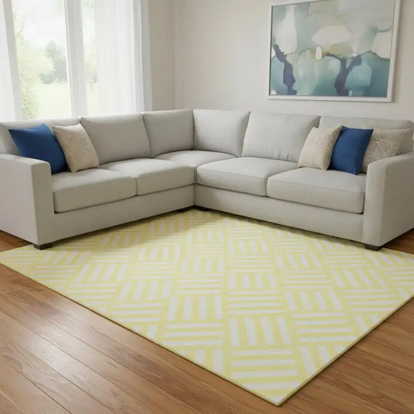 Yellow And Ivory Geometric Washable Area Rug With UV Protection Photo 1