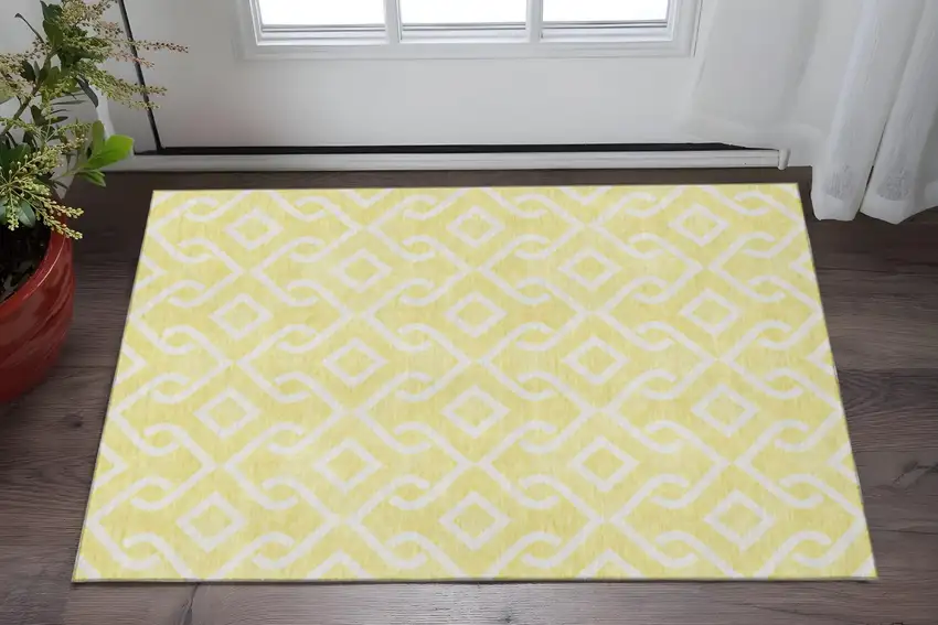 Yellow And Ivory Geometric Washable Area Rug With UV Protection Photo 2