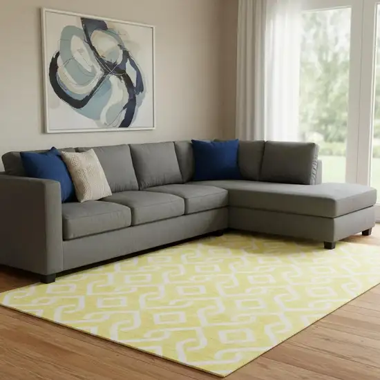 Yellow And Ivory Geometric Washable Area Rug With UV Protection Photo 1