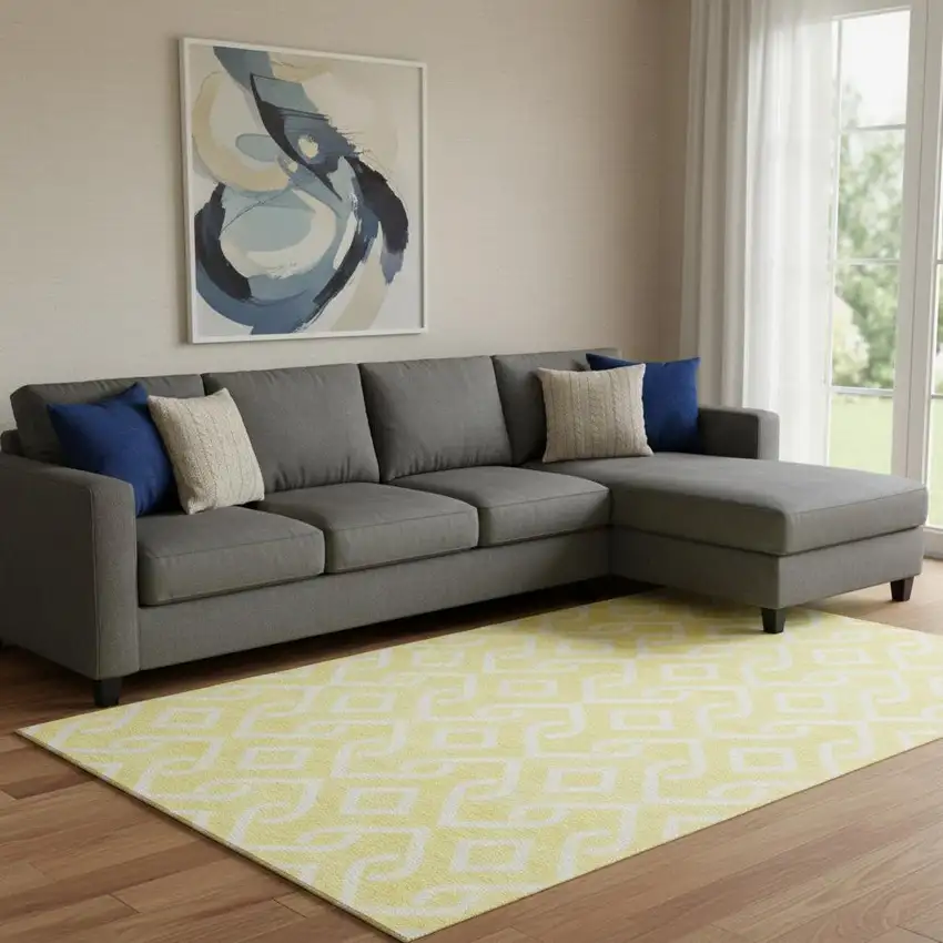 Yellow And Ivory Geometric Washable Area Rug With UV Protection Photo 1