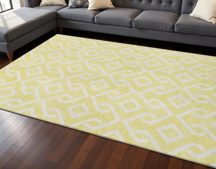 Yellow And Ivory Geometric Washable Area Rug With UV Protection Photo 2