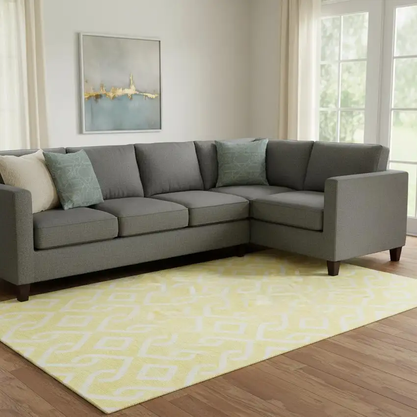 Yellow And Ivory Geometric Washable Area Rug With UV Protection Photo 1