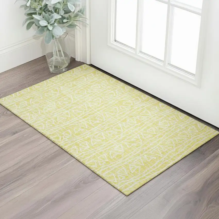 Yellow And Ivory Geometric Washable Area Rug With UV Protection Photo 1