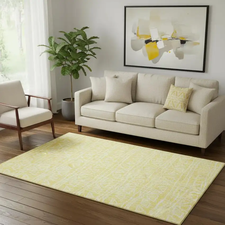 Yellow And Ivory Geometric Washable Area Rug With UV Protection Photo 1