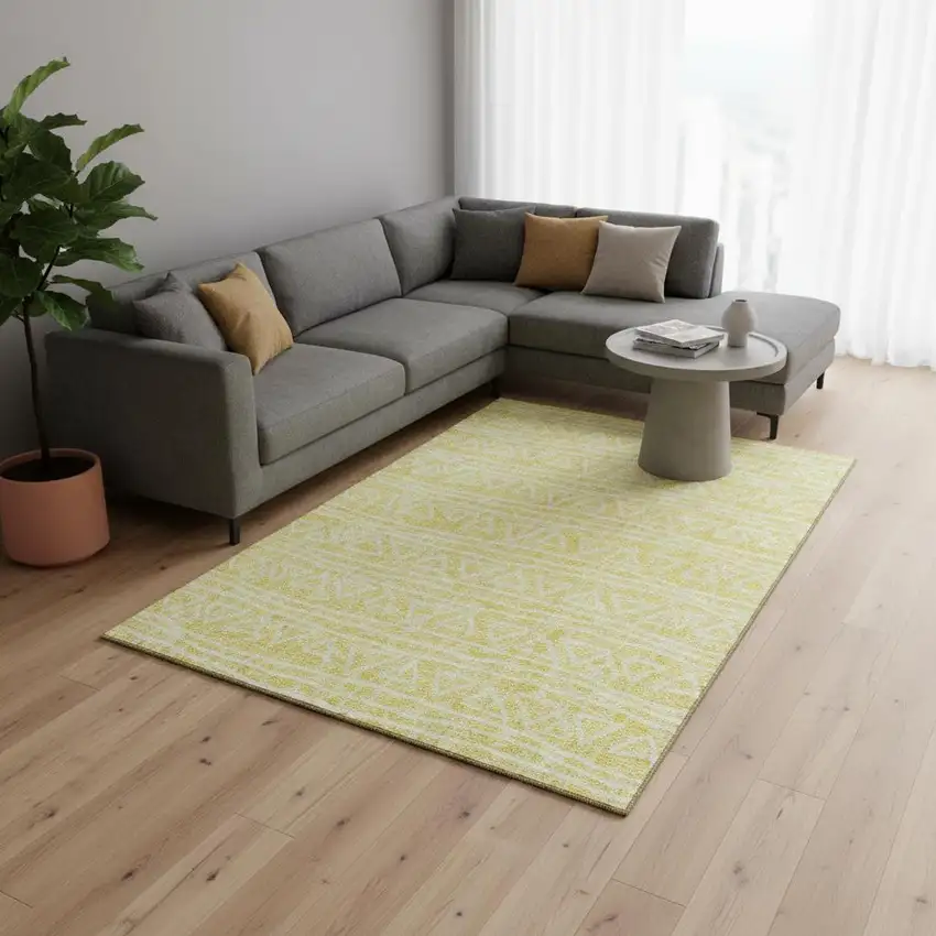 Yellow And Ivory Geometric Washable Area Rug With UV Protection Photo 2