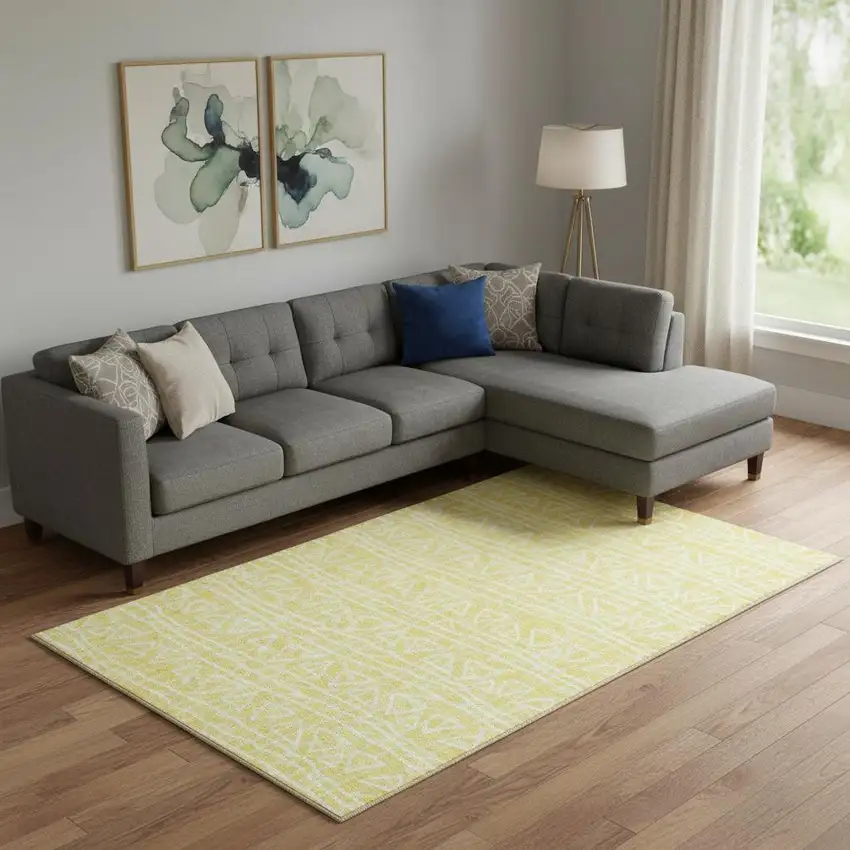 Yellow And Ivory Geometric Washable Area Rug With UV Protection Photo 1