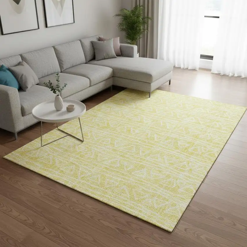 Yellow And Ivory Geometric Washable Area Rug With UV Protection Photo 2
