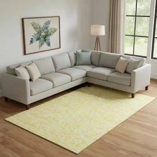 Yellow And Ivory Geometric Washable Area Rug With UV Protection Photo 1
