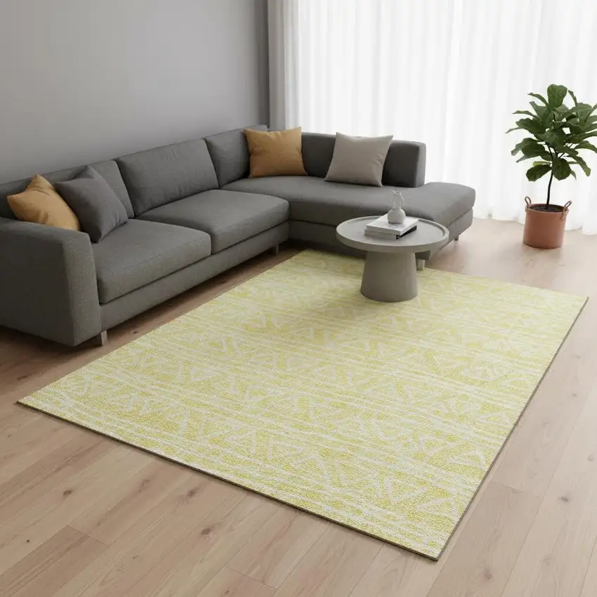 Yellow And Ivory Geometric Washable Area Rug With UV Protection Photo 2