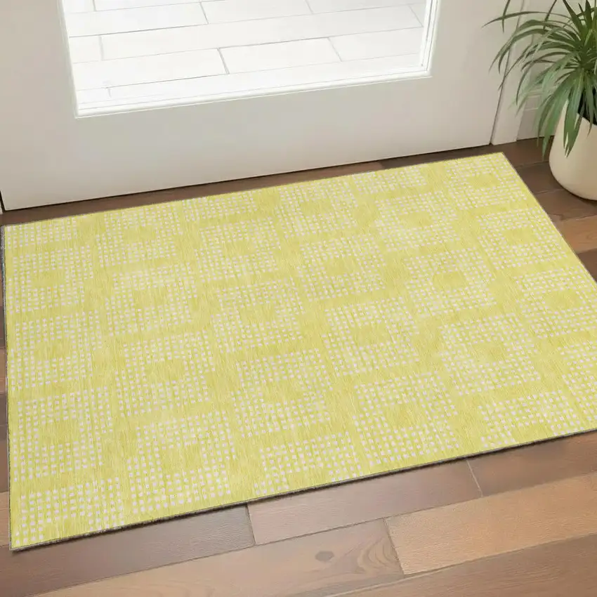 Yellow And Ivory Geometric Washable Area Rug With UV Protection Photo 1
