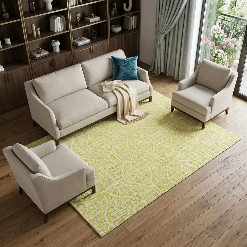 Yellow And Ivory Geometric Washable Area Rug With UV Protection Photo 1