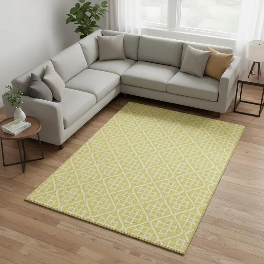 Yellow And Ivory Geometric Washable Area Rug With UV Protection Photo 2