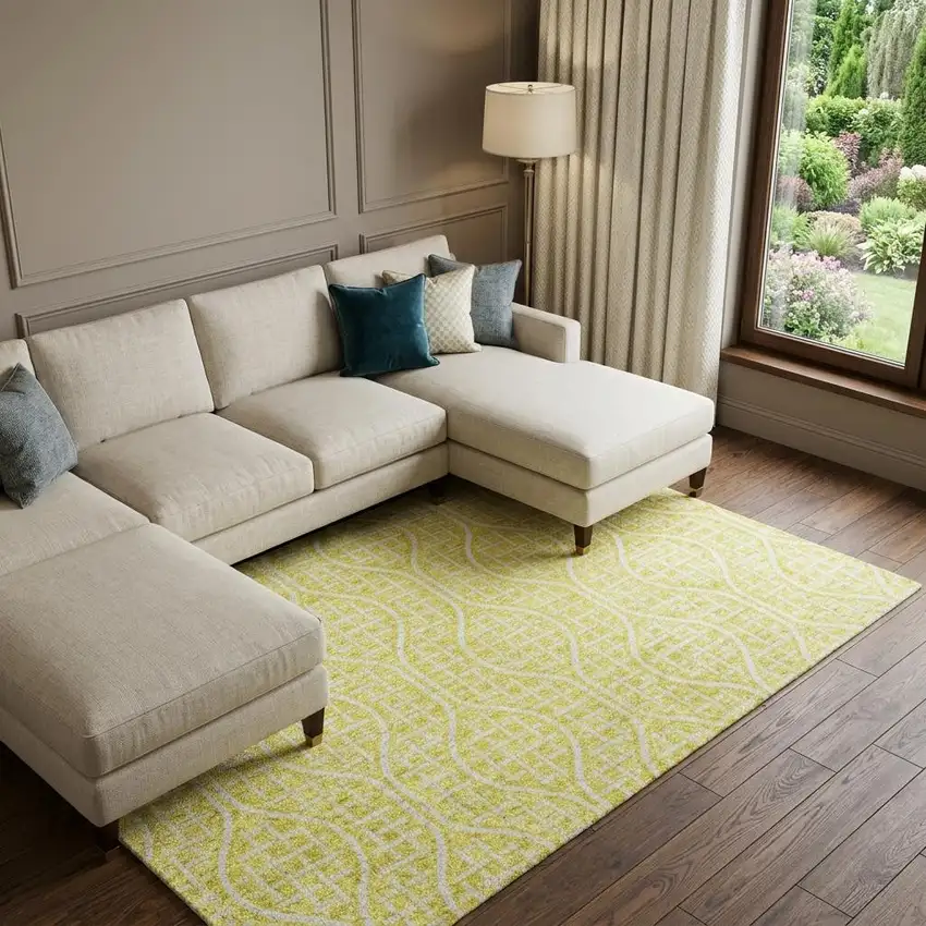Yellow And Ivory Geometric Washable Area Rug With UV Protection Photo 1
