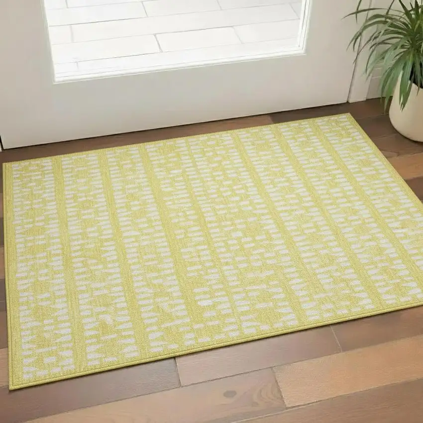 Yellow And Ivory Geometric Washable Area Rug With UV Protection Photo 2