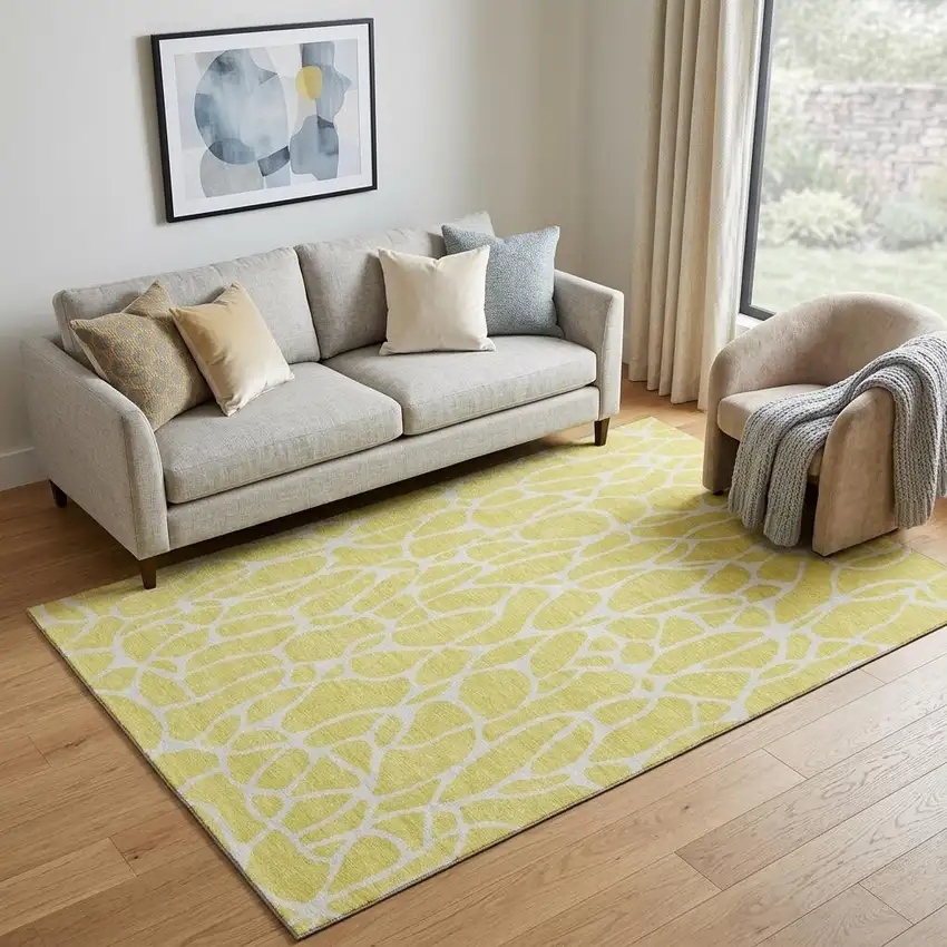 Yellow And Ivory Geometric Washable Area Rug With UV Protection Photo 1