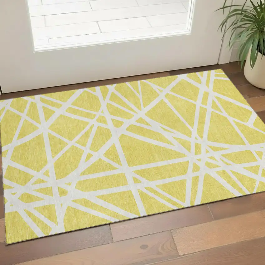Yellow And Ivory Geometric Washable Area Rug With UV Protection Photo 1