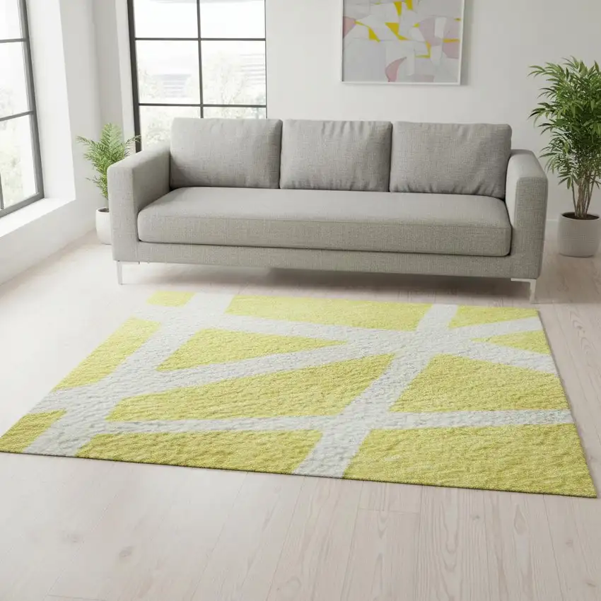 Yellow And Ivory Geometric Washable Area Rug With UV Protection Photo 2