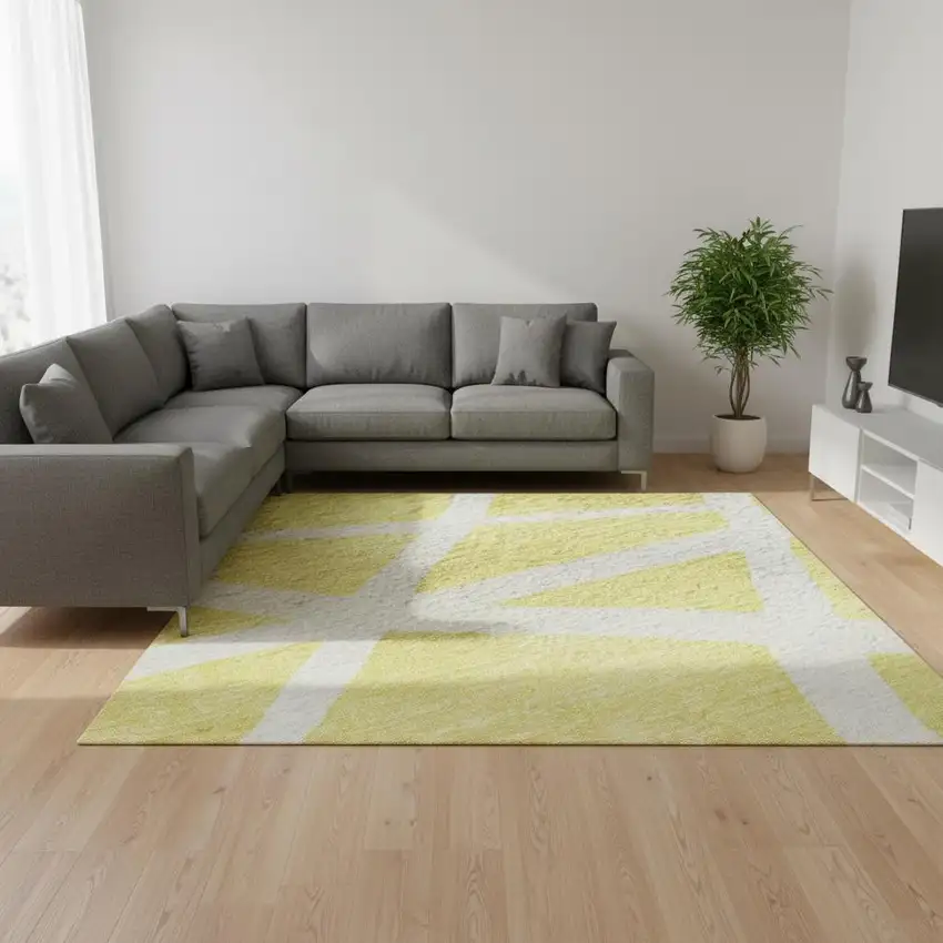 Yellow And Ivory Geometric Washable Area Rug With UV Protection Photo 2