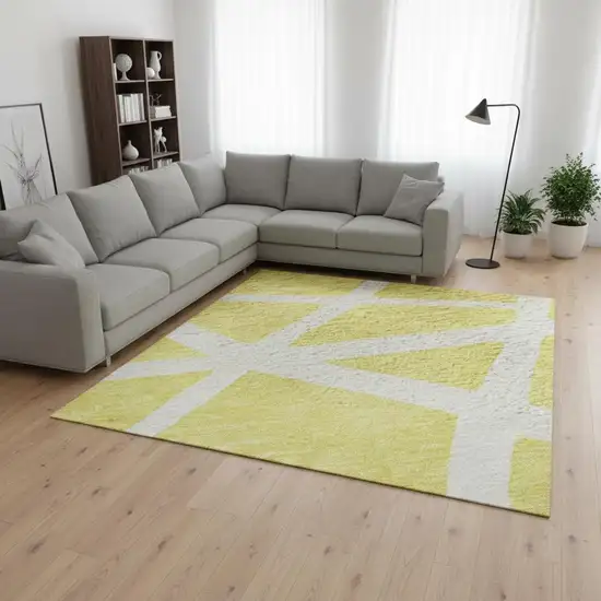 Yellow And Ivory Geometric Washable Area Rug With UV Protection Photo 2