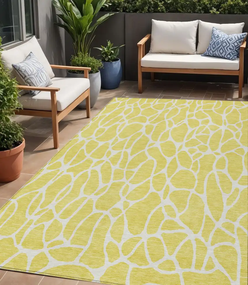 Yellow And Ivory Geometric Washable Indoor Outdoor Area Rug Photo 1