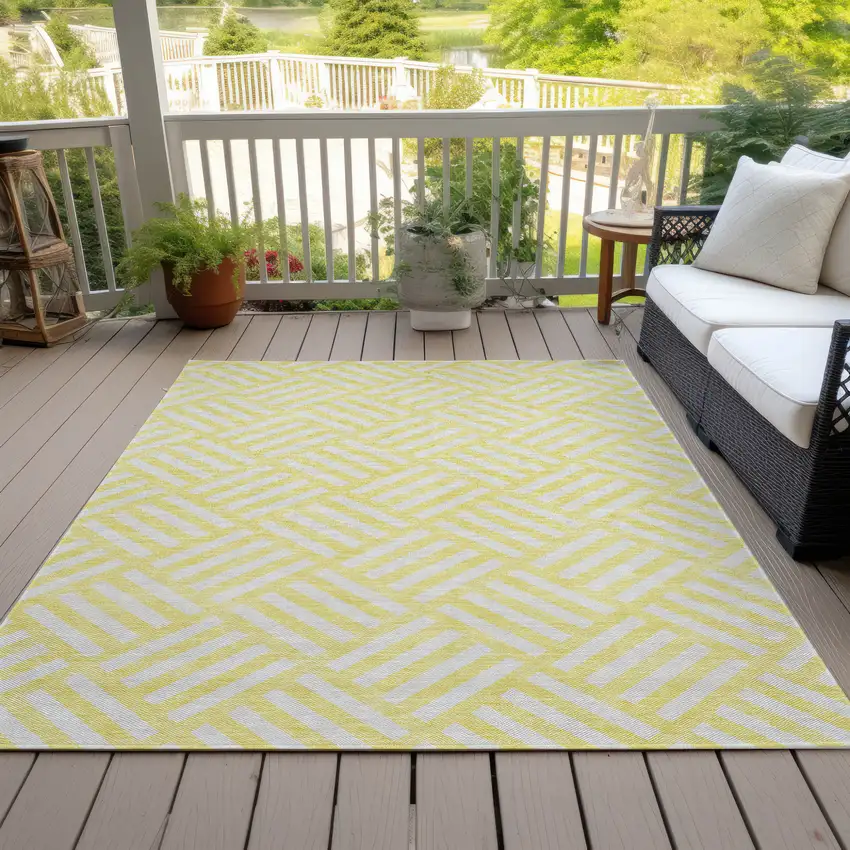 Yellow And Ivory Geometric Washable Indoor Outdoor Area Rug Photo 9
