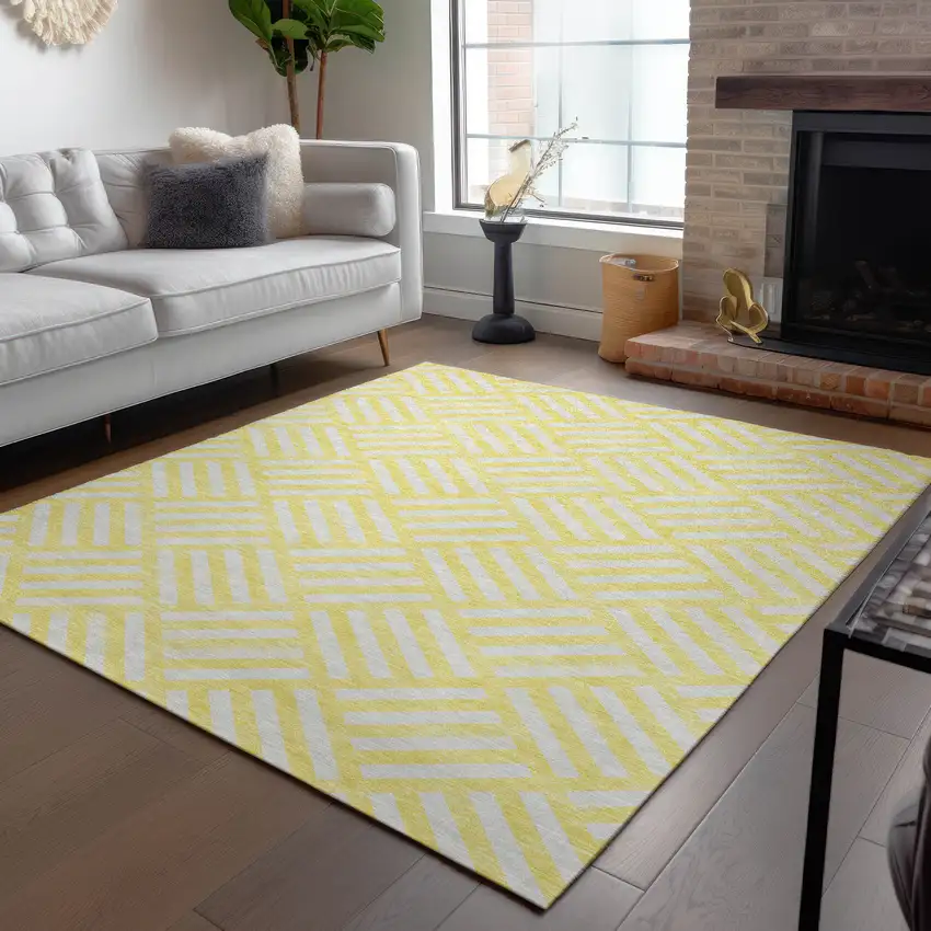 Yellow And Ivory Geometric Washable Indoor Outdoor Area Rug Photo 9