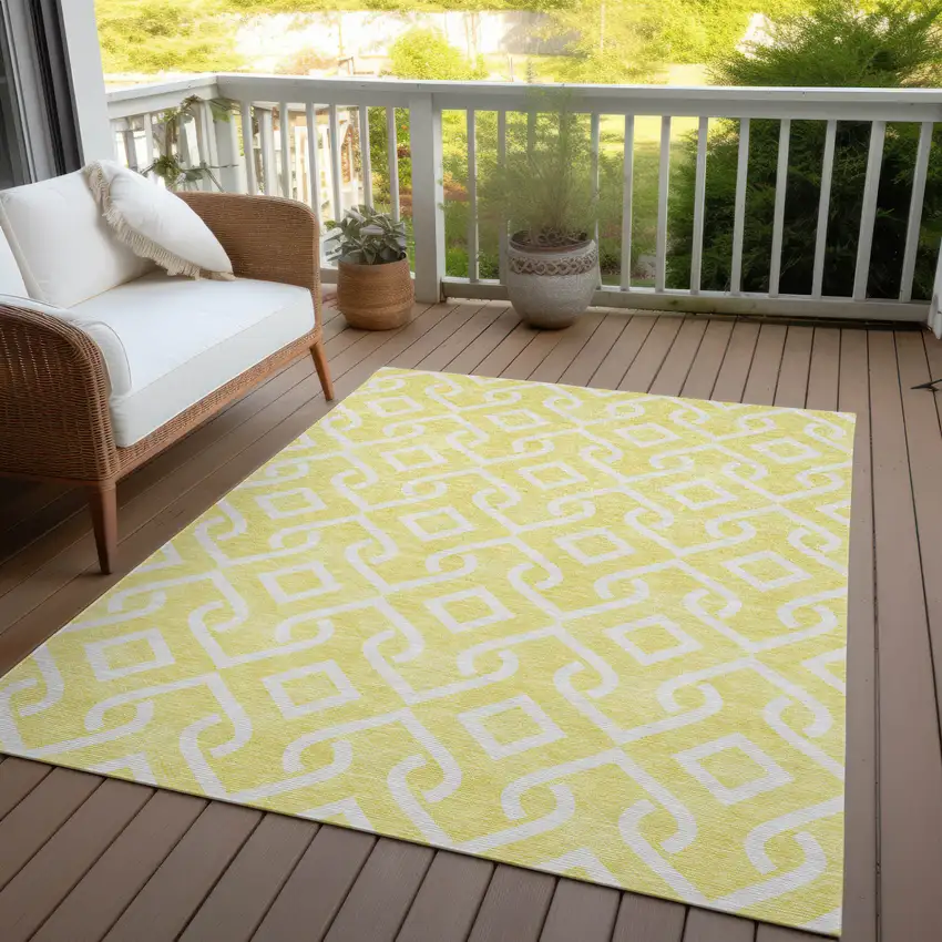 Yellow And Ivory Geometric Washable Indoor Outdoor Area Rug Photo 9