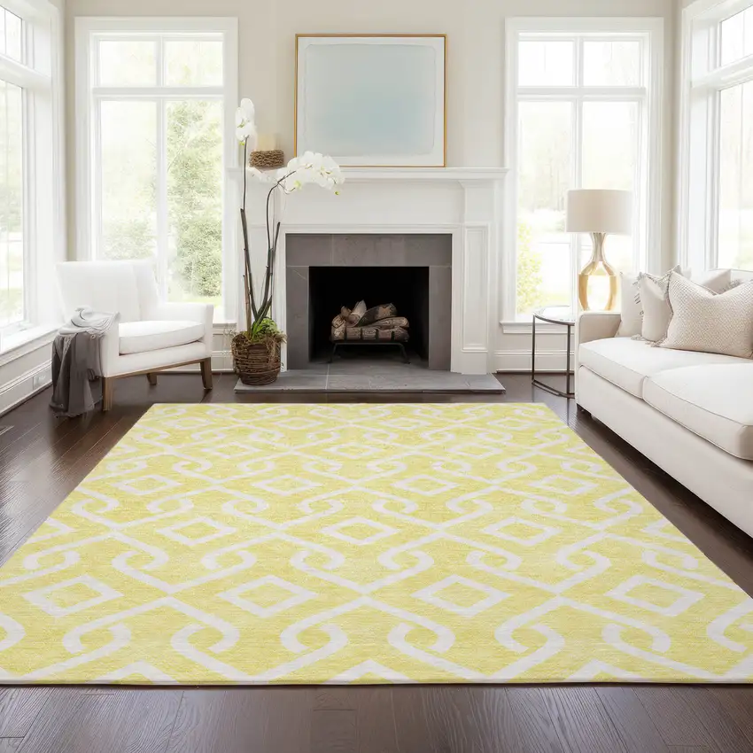 Yellow And Ivory Geometric Washable Indoor Outdoor Area Rug Photo 8