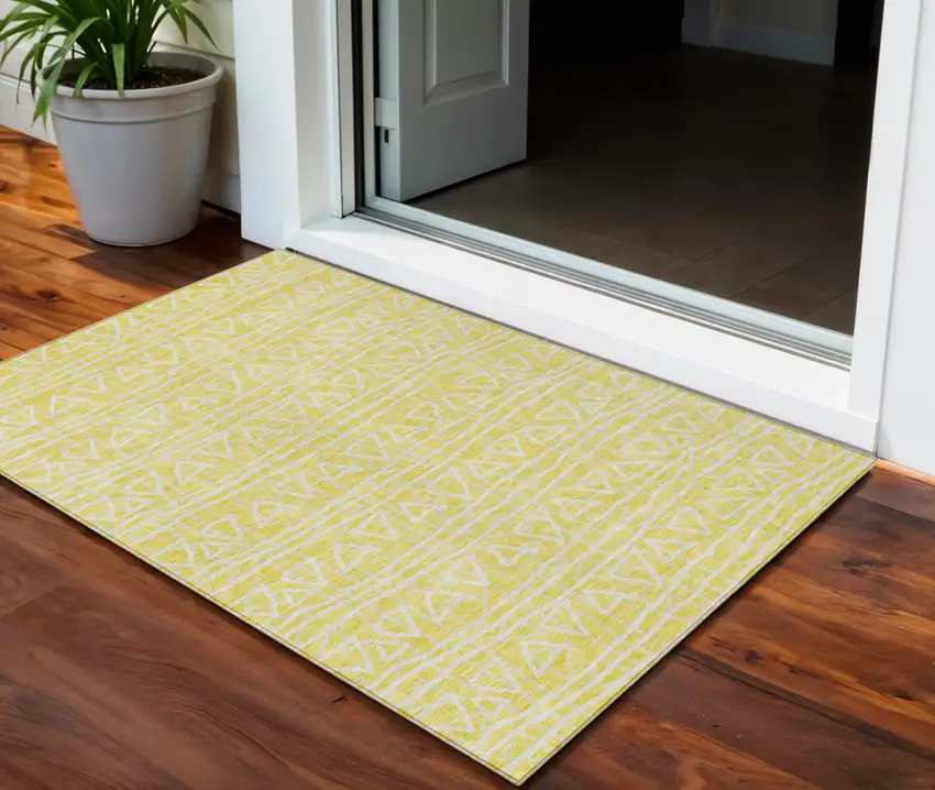 Yellow And Ivory Geometric Washable Indoor Outdoor Area Rug Photo 1