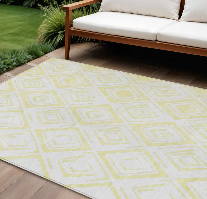 Yellow And Ivory Geometric Washable Indoor Outdoor Area Rug Photo 1