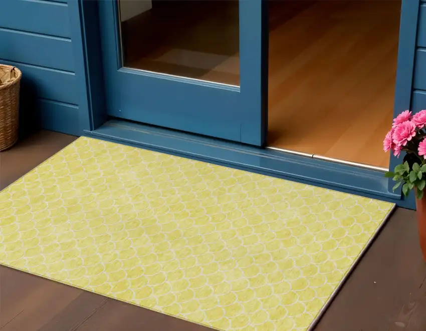 Yellow And Ivory Geometric Washable Indoor Outdoor Area Rug Photo 1