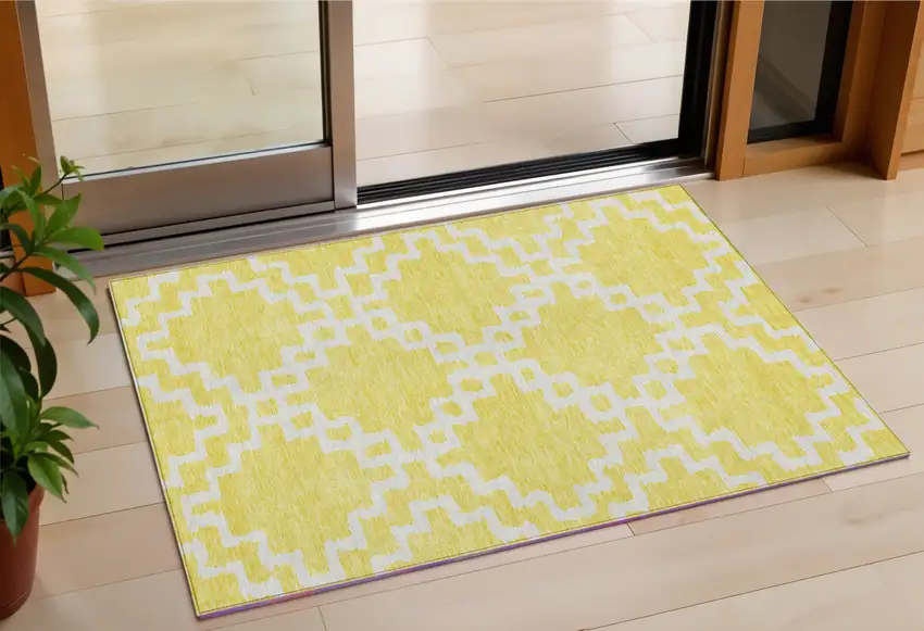 Yellow And Ivory Geometric Washable Indoor Outdoor Area Rug Photo 1