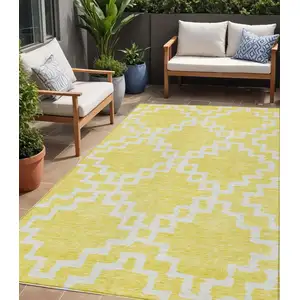 Photo of Yellow And Ivory Geometric Washable Indoor Outdoor Area Rug