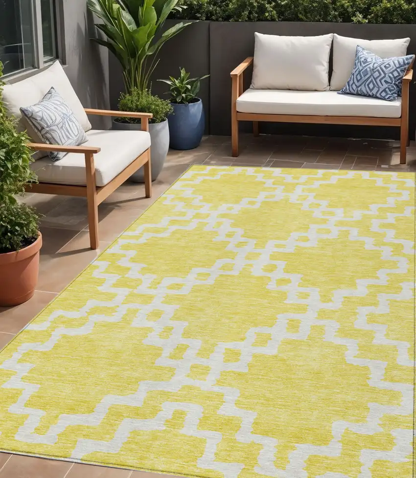 Yellow And Ivory Geometric Washable Indoor Outdoor Area Rug Photo 1