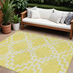 Photo of Yellow And Ivory Geometric Washable Indoor Outdoor Area Rug