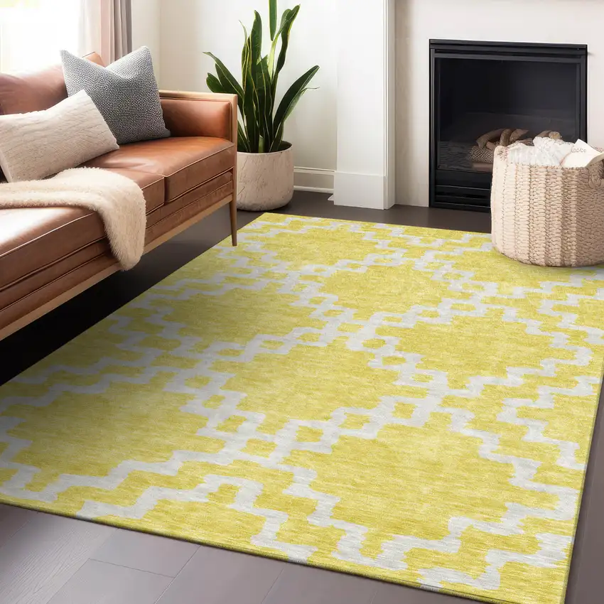 Yellow And Ivory Geometric Washable Indoor Outdoor Area Rug Photo 9