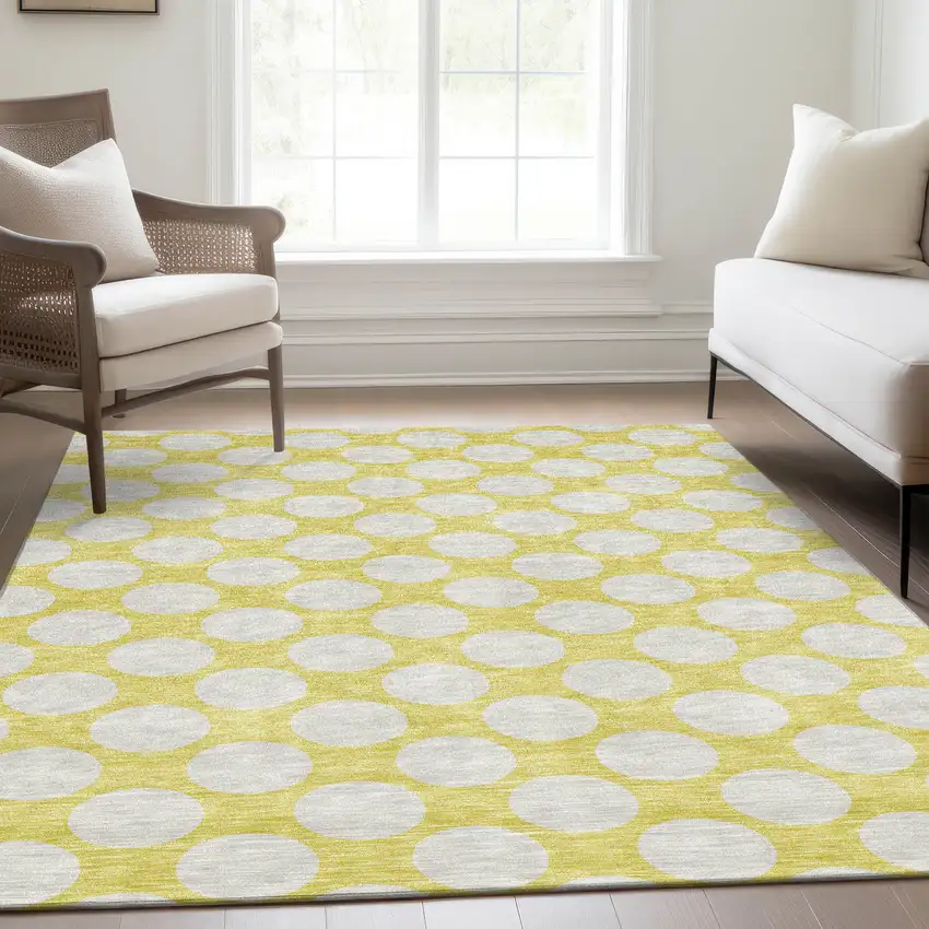 Yellow And Ivory Polka Dot Washable Area Rug With UV Protection Photo 6