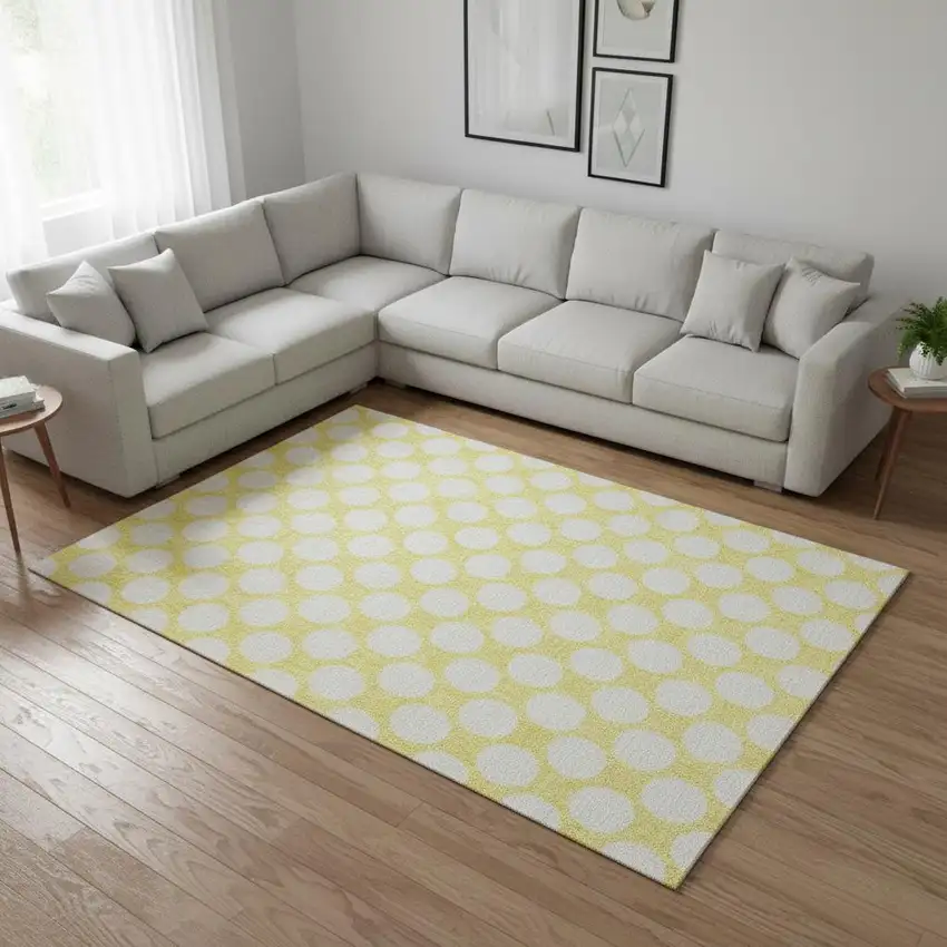 Yellow And Ivory Polka Dot Washable Area Rug With UV Protection Photo 2
