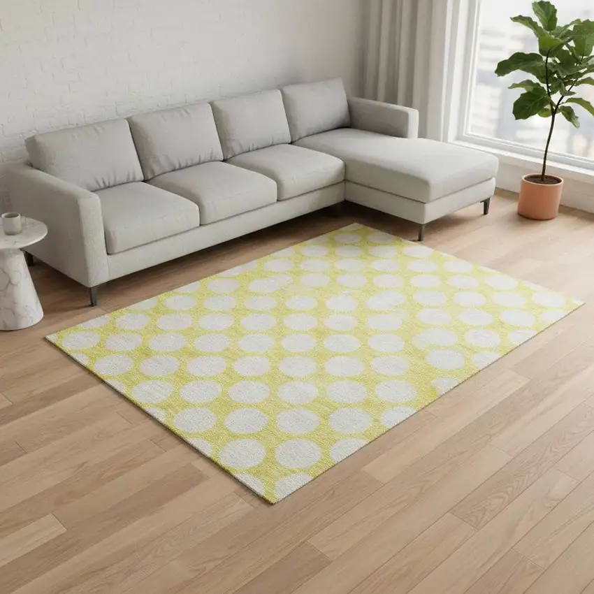 Yellow And Ivory Polka Dot Washable Area Rug With UV Protection Photo 2