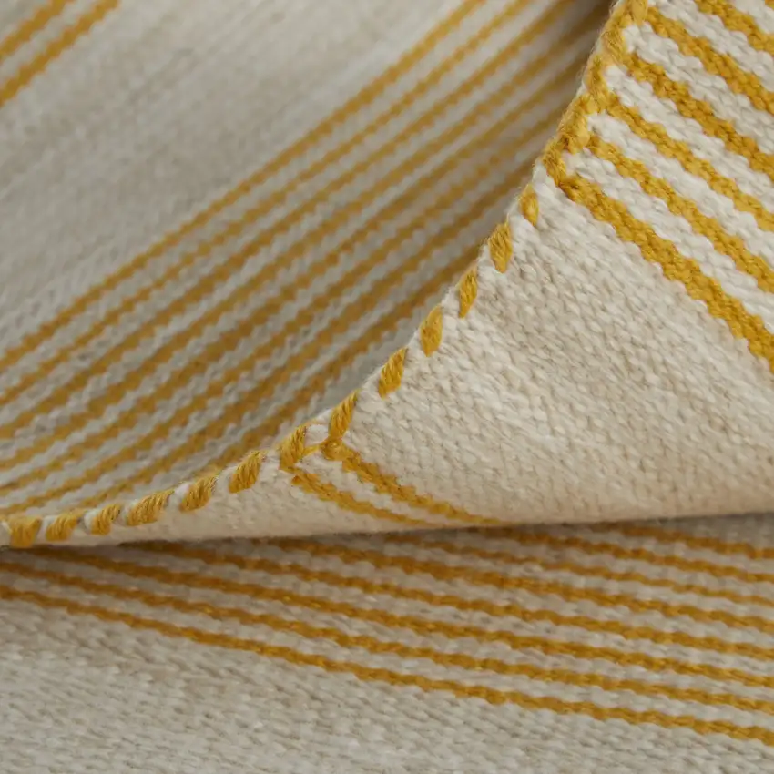 Yellow And Ivory Striped Dhurrie Hand Woven Stain Resistant Area Rug Photo 7