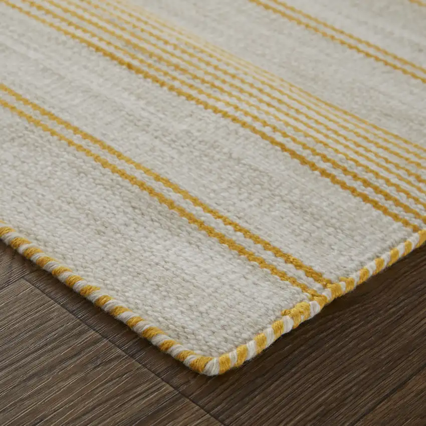 Yellow And Ivory Striped Dhurrie Hand Woven Stain Resistant Area Rug Photo 6