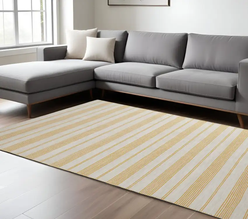 Yellow and Ivory Striped Hand Woven Area Rug Photo 1