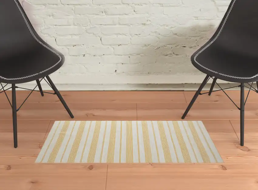 Yellow And Ivory Striped Dhurrie Hand Woven Stain Resistant Area Rug Photo 2