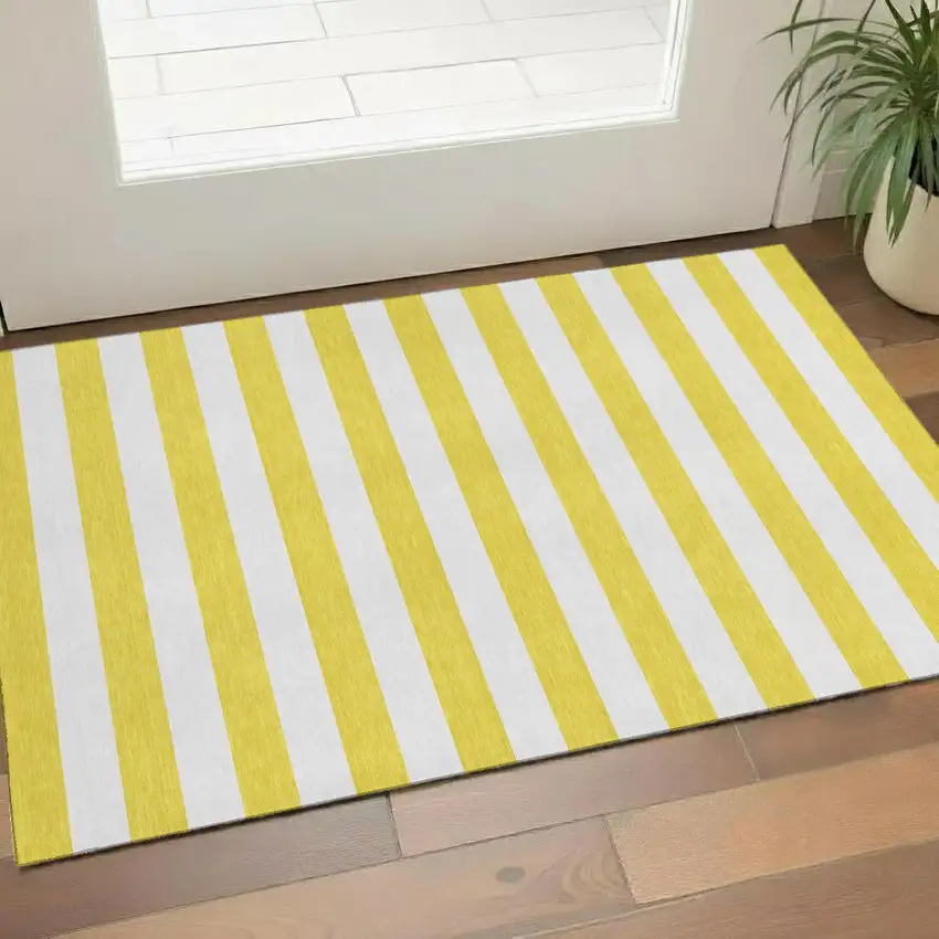 Yellow And Ivory Striped Washable Area Rug With UV Protection Photo 1