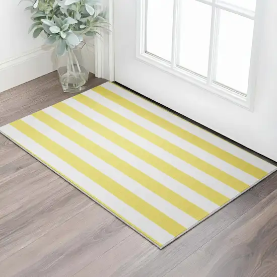 Yellow And Ivory Striped Washable Area Rug With UV Protection Photo 2